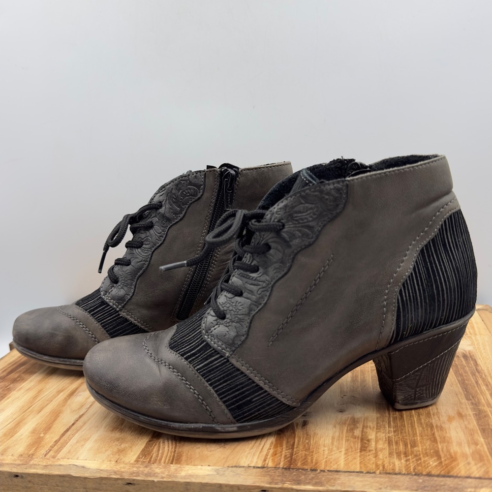 Remonte Ankle Boots Gray Leather Corduroy Victorian Lace Up Zip 37 6.5/7 Gothic